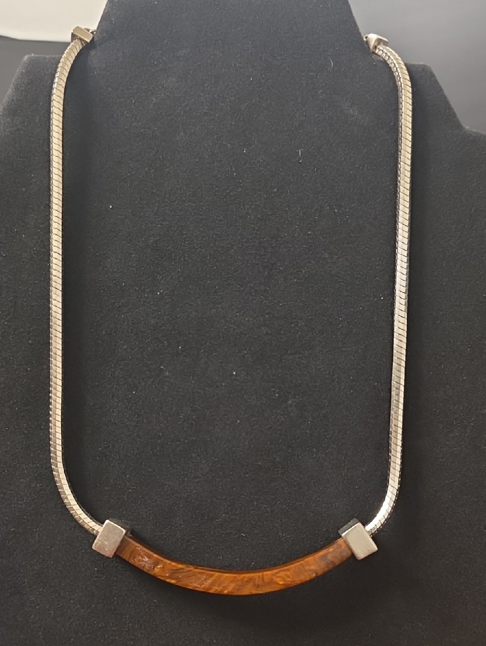 Women's Silver Necklace with Amber Brown Resin Accent